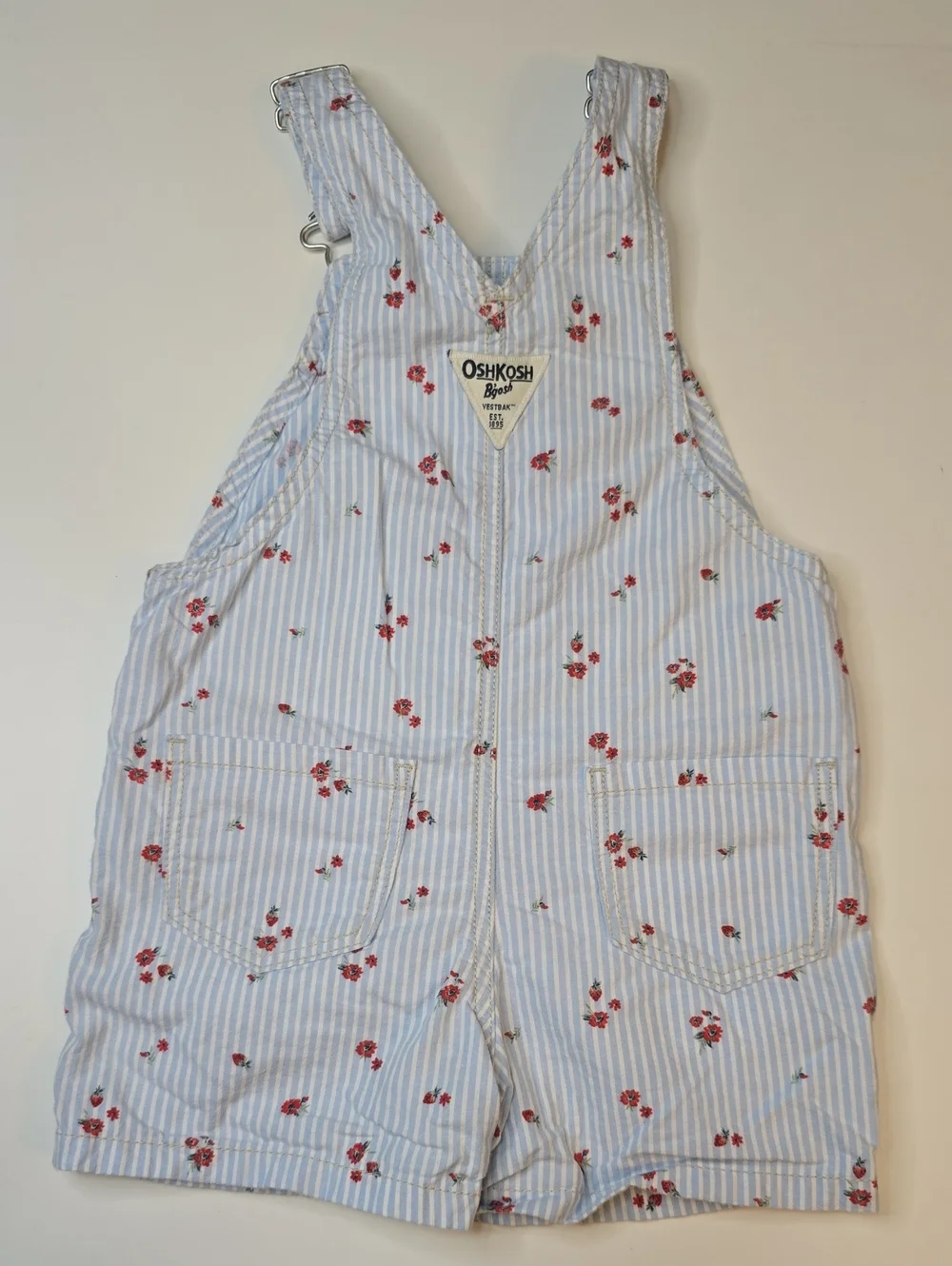 OshKosh B'gosh Blue & White Striped Short Overalls with Red Floral Print